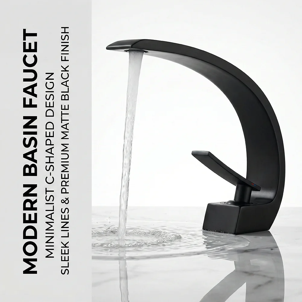 Silicone Tap Washer - Matzwarte badkamerkraan, aluminiumlegering moderne C-vormige watervaltuitloop,
